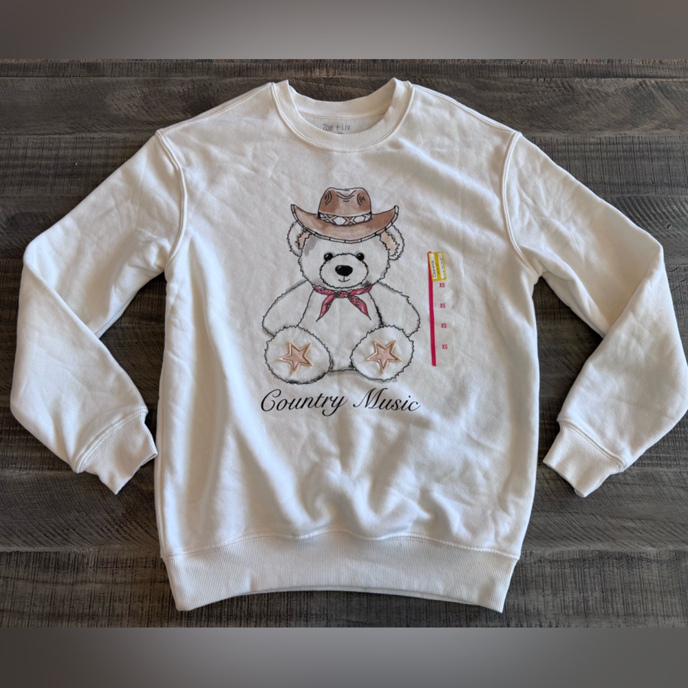 Zoe + Liv White Country Music Teddy Bear Sweatshirt- size XS
